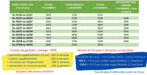 Tarif 2022 camping la tremblade la coulumiere