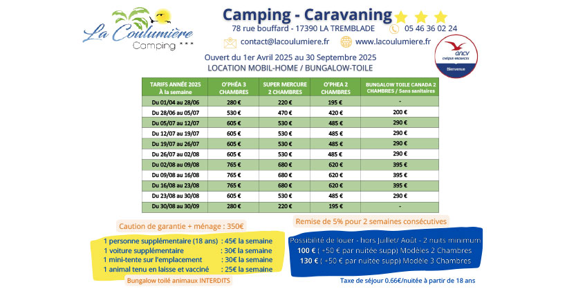 TARIFS-camping-la-tremblade-2025 Tarifs Camping la coulumiere 2025