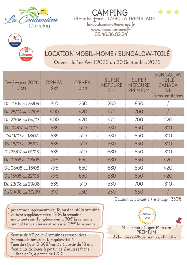 tarif camping la coulumière à la tremblade en charente maritime