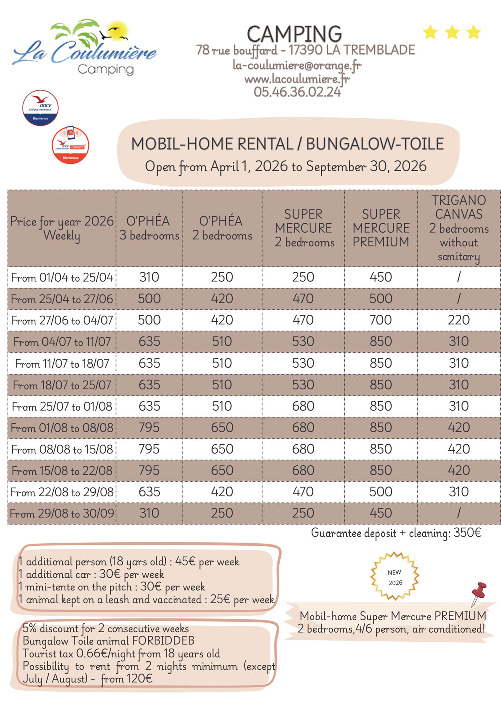 Camping rates at La Coulumière in La Tremblade, Charente-Maritime